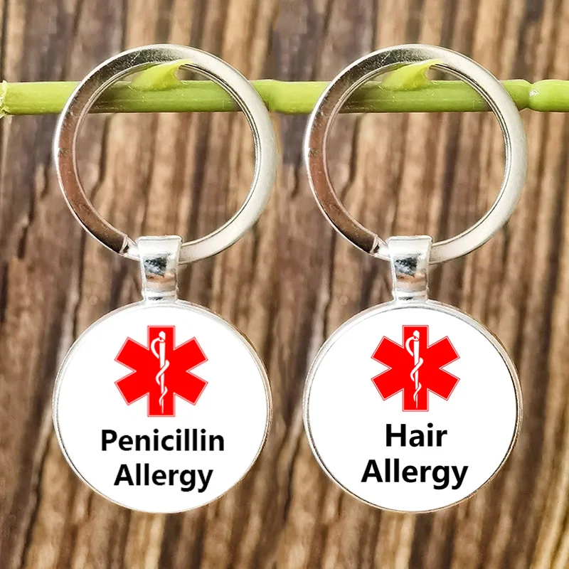 Medical Alert Keychain Custom Bee Peanut Metal Hair Penicillin Allergy Glass Photo Metal Pendant Keychains for Men Women Keyring