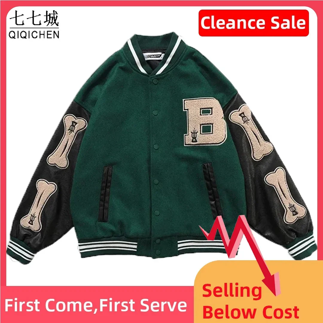 

Hip Hop Baseball Jacket Men AutumnFurry Bone Letter Patchwork Varsity Jackets College Style Harajuku Oversize Bomber Coat Unisex