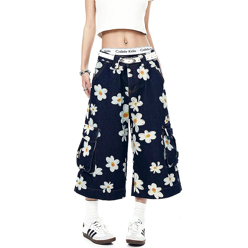 American Style Floral Print Splicing Scimitar Pants for Women Summer New Super Hot Loose Slimming Cropped Retro Jeans SL205