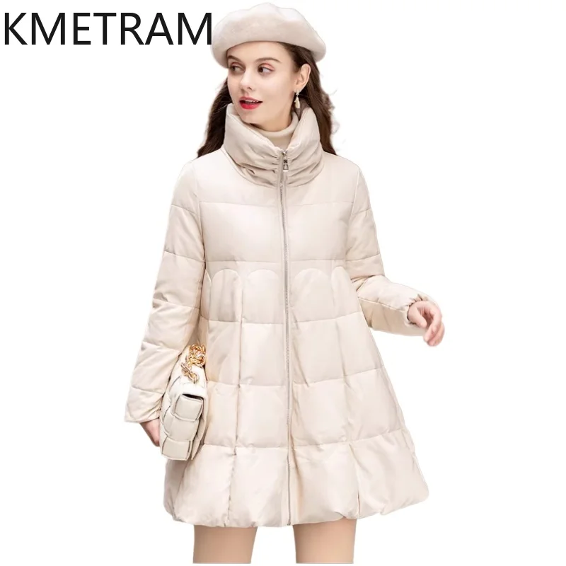 เสื้อโค้ทขนแกะแท้ 100% KMETRAM สำหรับผู้หญิง คอตั้ง ทรงเอ แจ็คเก็ตหนังแท้แบบพองตัว เสื้อผ้าฤดูหนาวปี 2025 สำหรับผู้หญิง