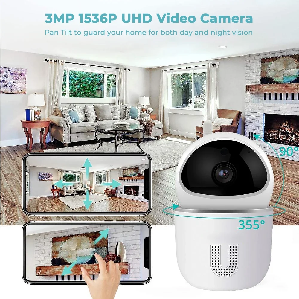 3MP WiFi IP Camera Pan-Tilt Indoor Home Security Cameras for Pet/Nanny/Baby 2-Way Audio Motion Detect Auto Tracking CCTV Cameras