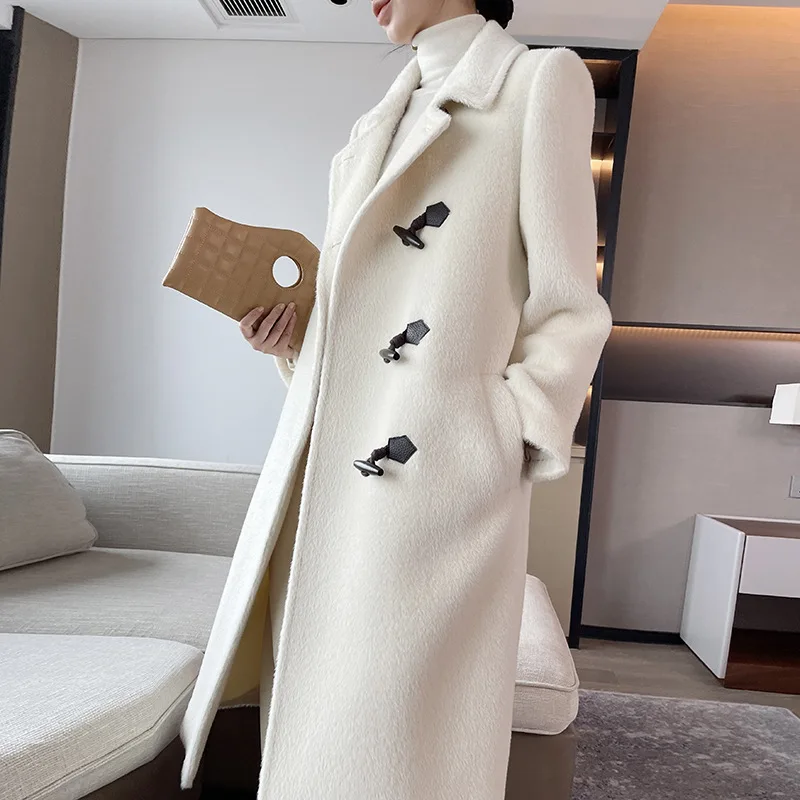 2023 High-end Winter White Alpaca Wool Coat Women New Long 100% Alpaca Wool Straight Cylinder Elegant Liner Thickened Warm Coat image 2