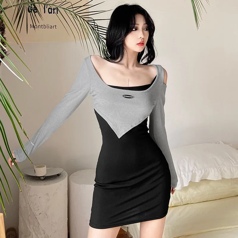 

O Neck Women's Dress Long Sleeves Color Contrast Hollow Out