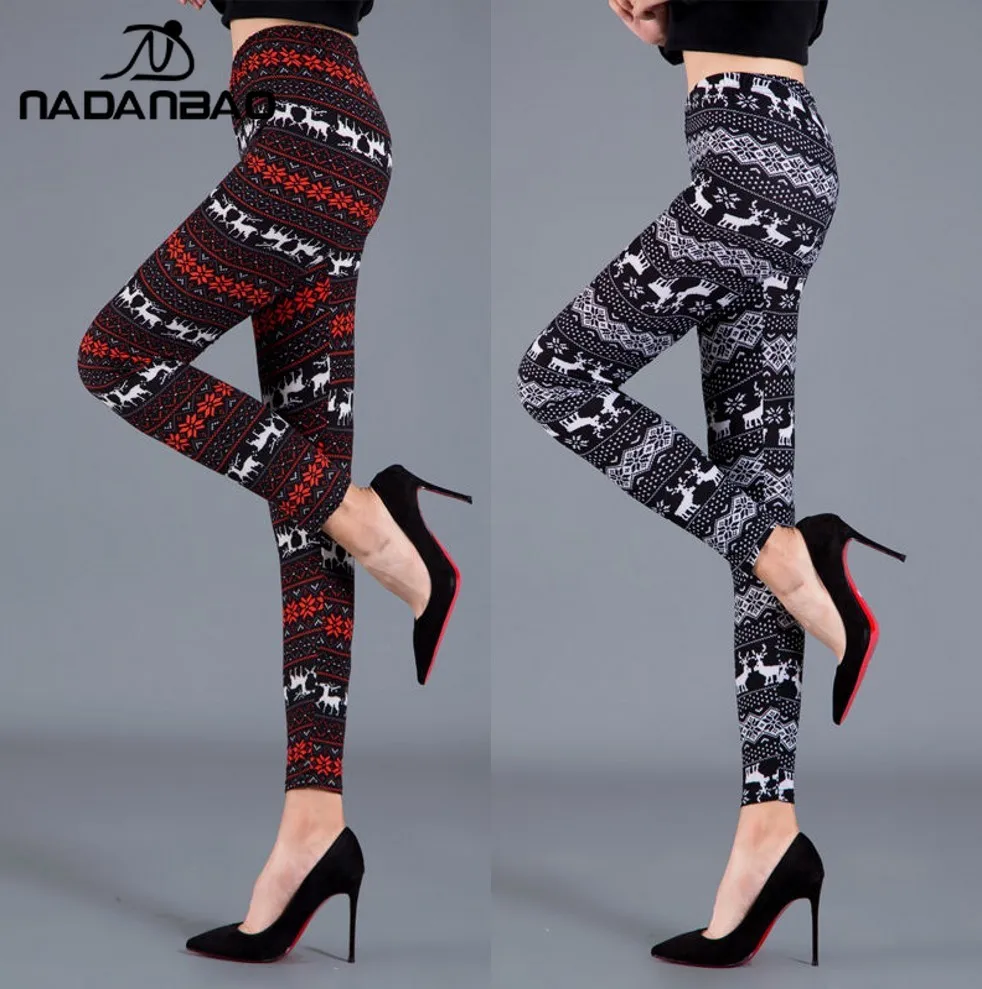 

Nadanbao Christmas Deer Snowflake Print Leggings Women Autumn Thin Slim Tights Classic Casual Ladies Pants Elastic Outer Bottoms