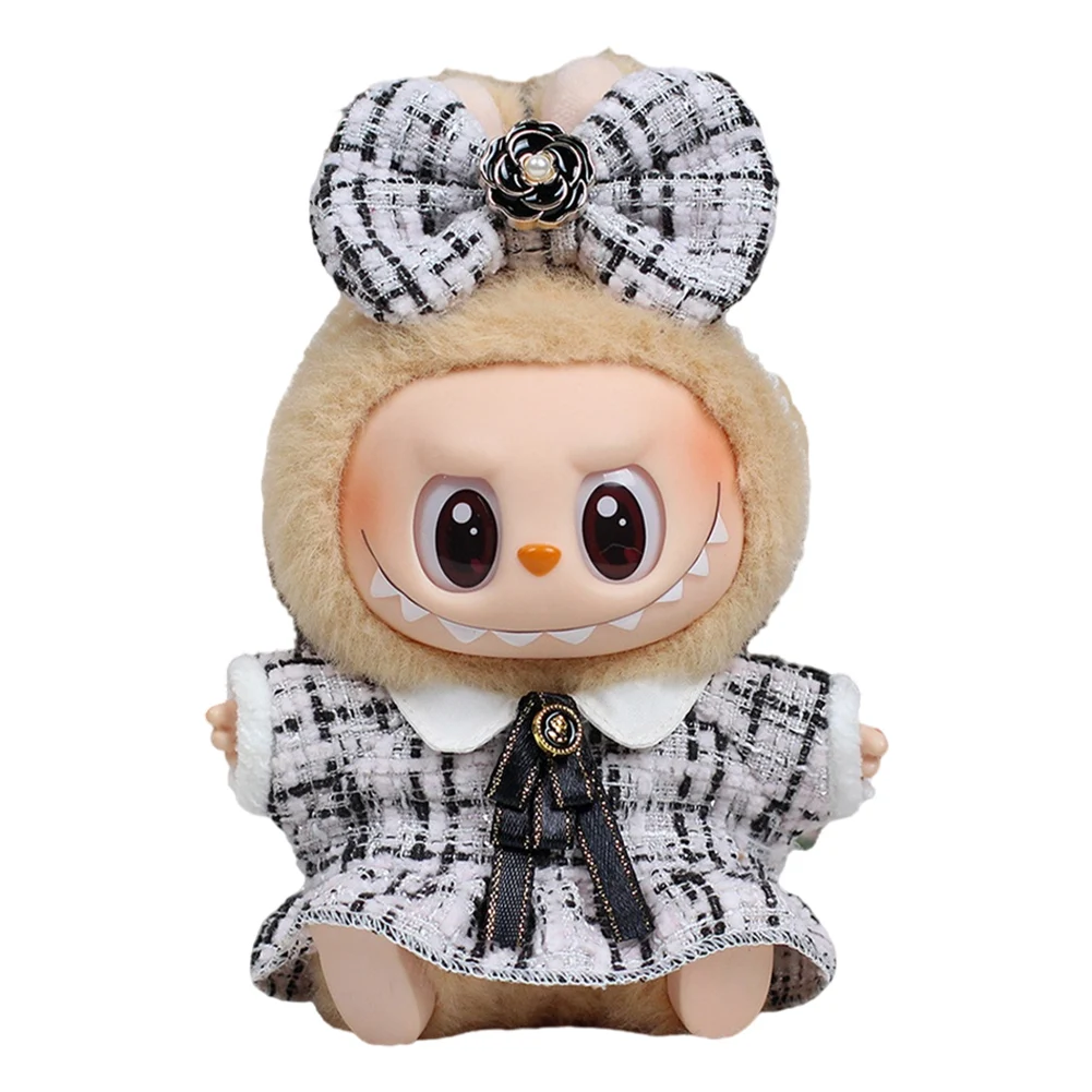 Cute Mini Doll Clothes for Labubu 17cm Dolls Accessories No Doll Black and White Plaid Dress & Bow Set for Girls Birthday Gifts