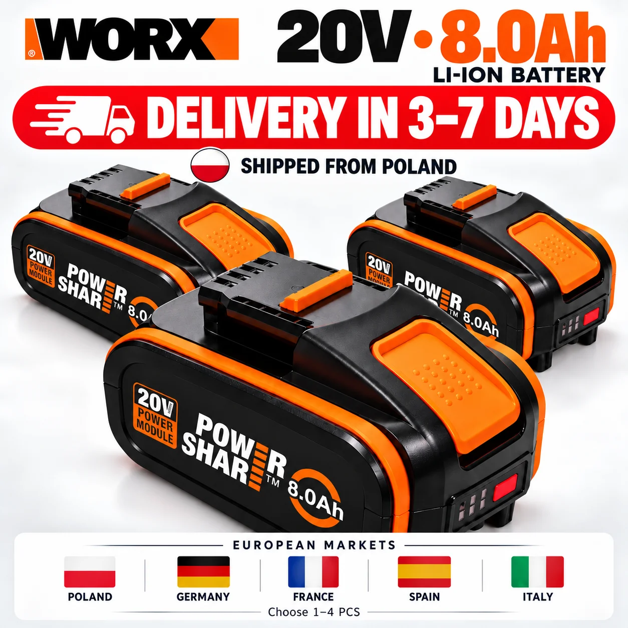 Original Worx 20V 8,0Ah Lithium-Ionen-Akku Wiederaufladbar WA3553 WA3551 WA3553.1 WA3570 für alle WORX Elektro- und Gartengeräte