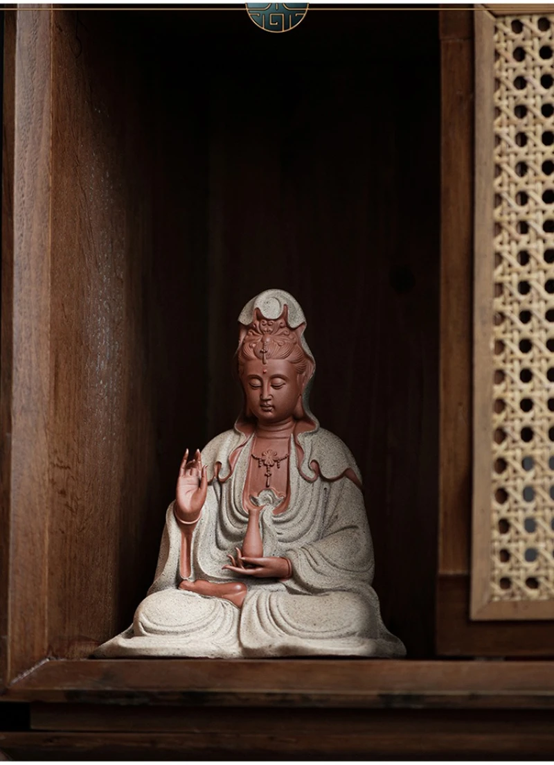 

Y New Chinese Zen Guanyin Bodhisattva Buddha Statue Ornament Home Office Tearoom Decoration Crafts Purple Sand Buddhist Decor