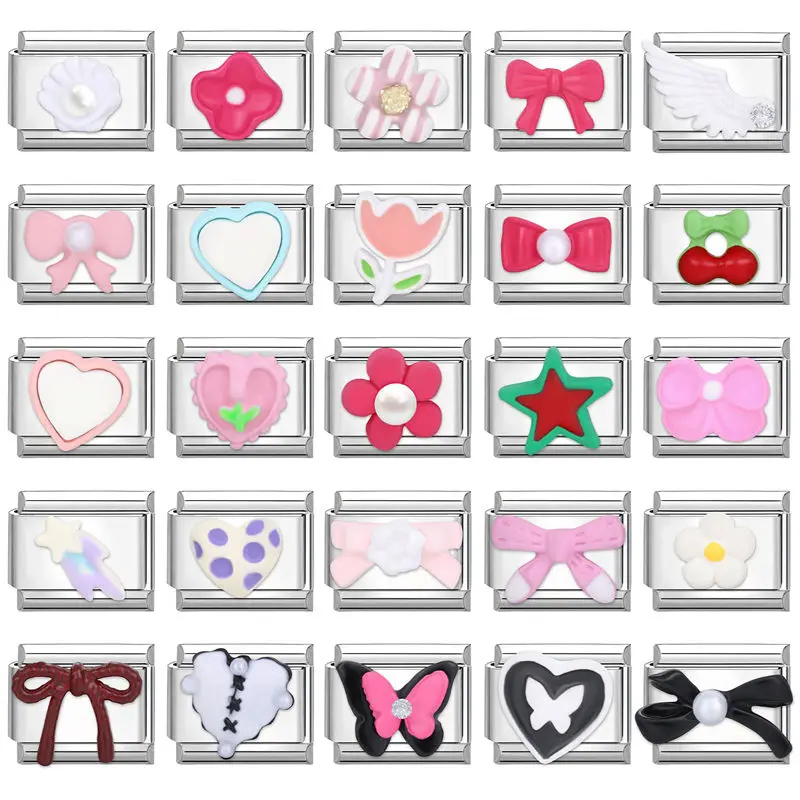 الحلو الحب فراشة القوس العنب روز اللؤلؤ الإيطالية سحر الروابط صالح 9MM الفولاذ المقاوم للصدأ سوار زوجين DIY صنع هدية #2