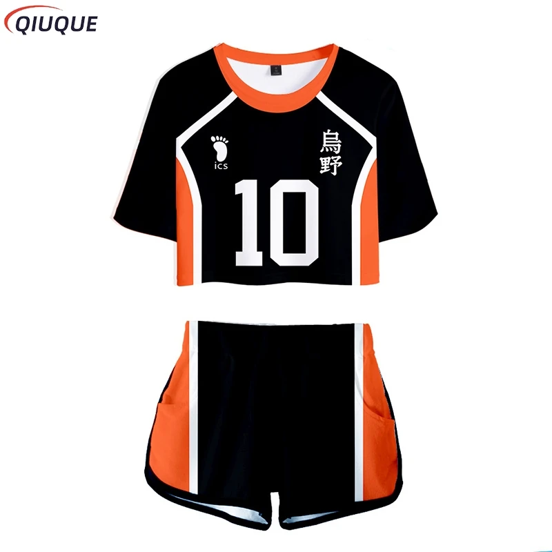 Karasuno Koukou Cosplay Costume Summer Girls Cheerleading Uniform Women Anime Crop Top Short-sleeved T-shirt Shorts