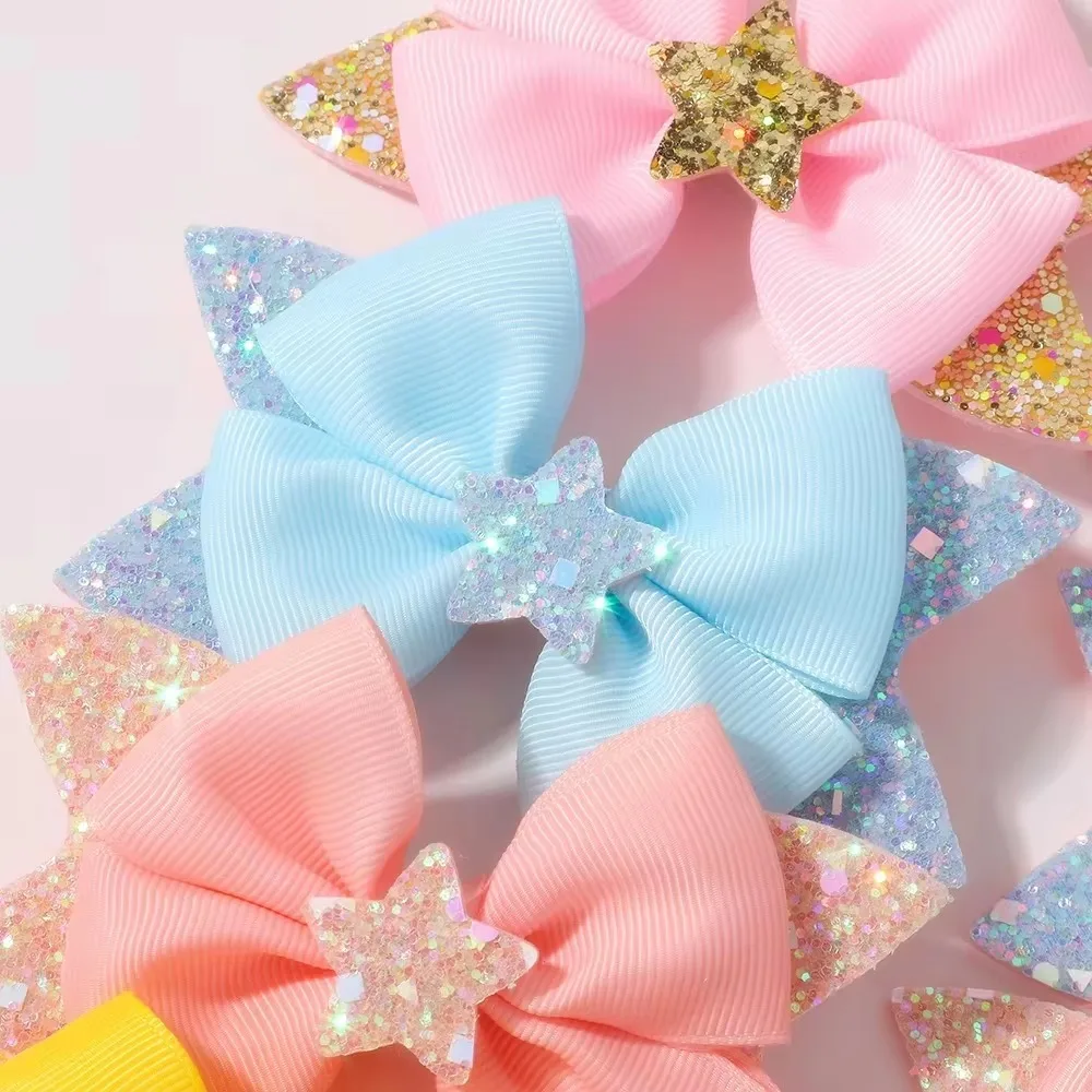 BABY BOWS 2Pcs 4.33inch Star Glitter Bow Hair Clips for Girls Boutique Ribbon Dovetail Barrette Headwear Kids Hair Accessories