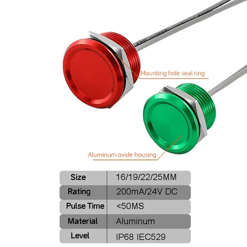 16/19/22/25mm Aluminum Waterproof Piezo Touch Switch Momentary ON-OFF Anti-Corrosion Push Switch For Automotive Marine