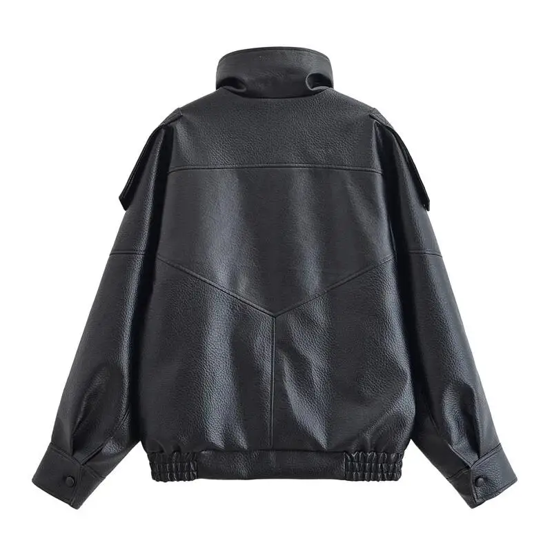 Women Leather Jacket Motorcycle Stand Collar Buckle Long Sleeve Korean Street Y2K Fashion Versatile Outerwear Autumn Winter New