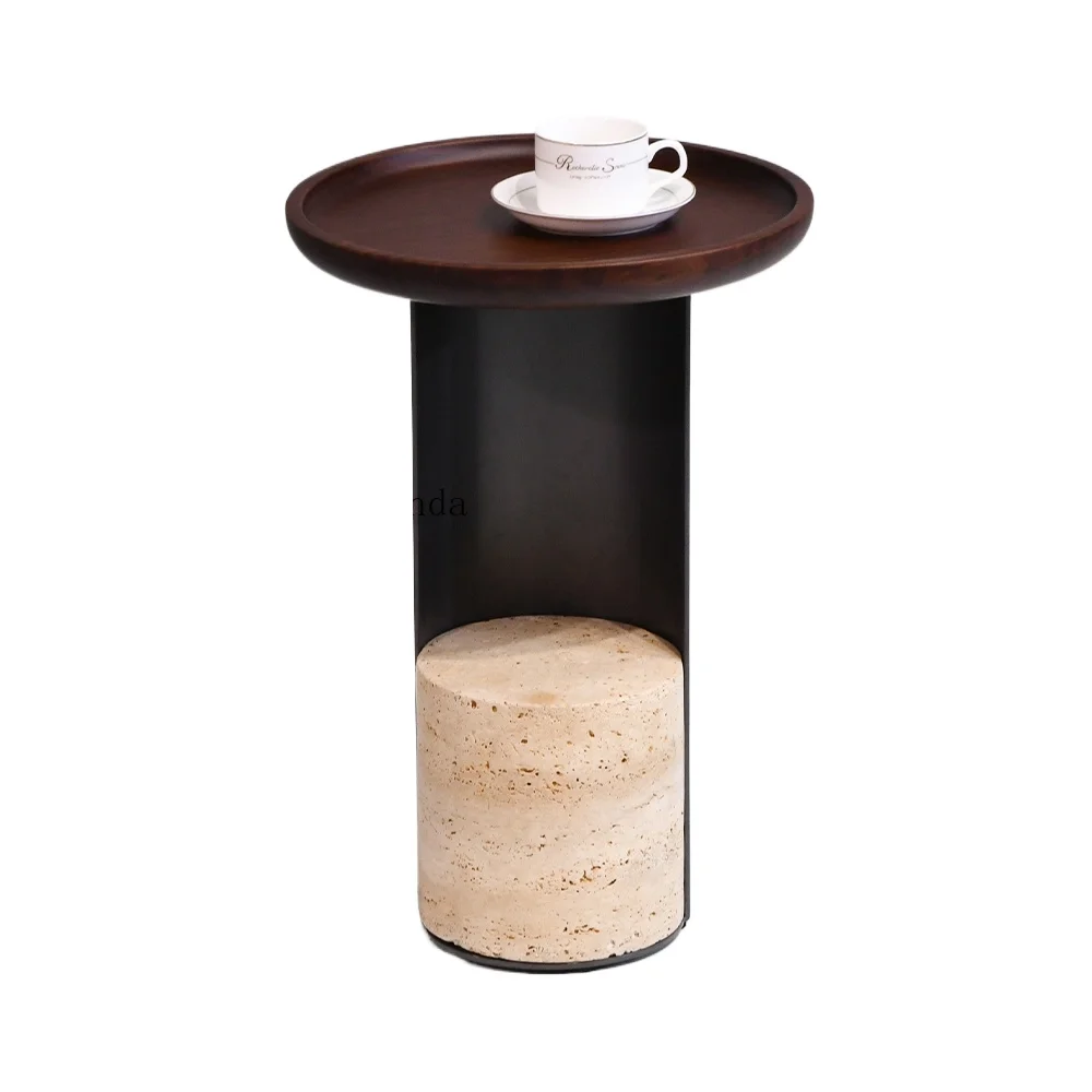 Beige limestone base, stylish metal column side table, suitable for bedside, home office use