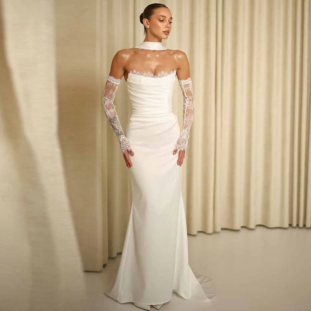 

Exquisite Hall Wedding Dresses 2025 Satin Sheath Wedding Party Dresses Ivory Strapless Lace Pleat Shawl Gloves Wedding Dresses