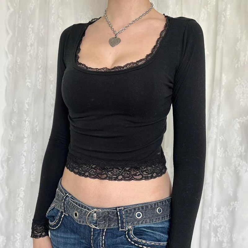 CIBBAR Vintage Lace Stitched Black Crop Top Women Basic Skinny Long Sleeve Solid T Shirt 2023 Autumn Winter Casual Tee Shirt y2k