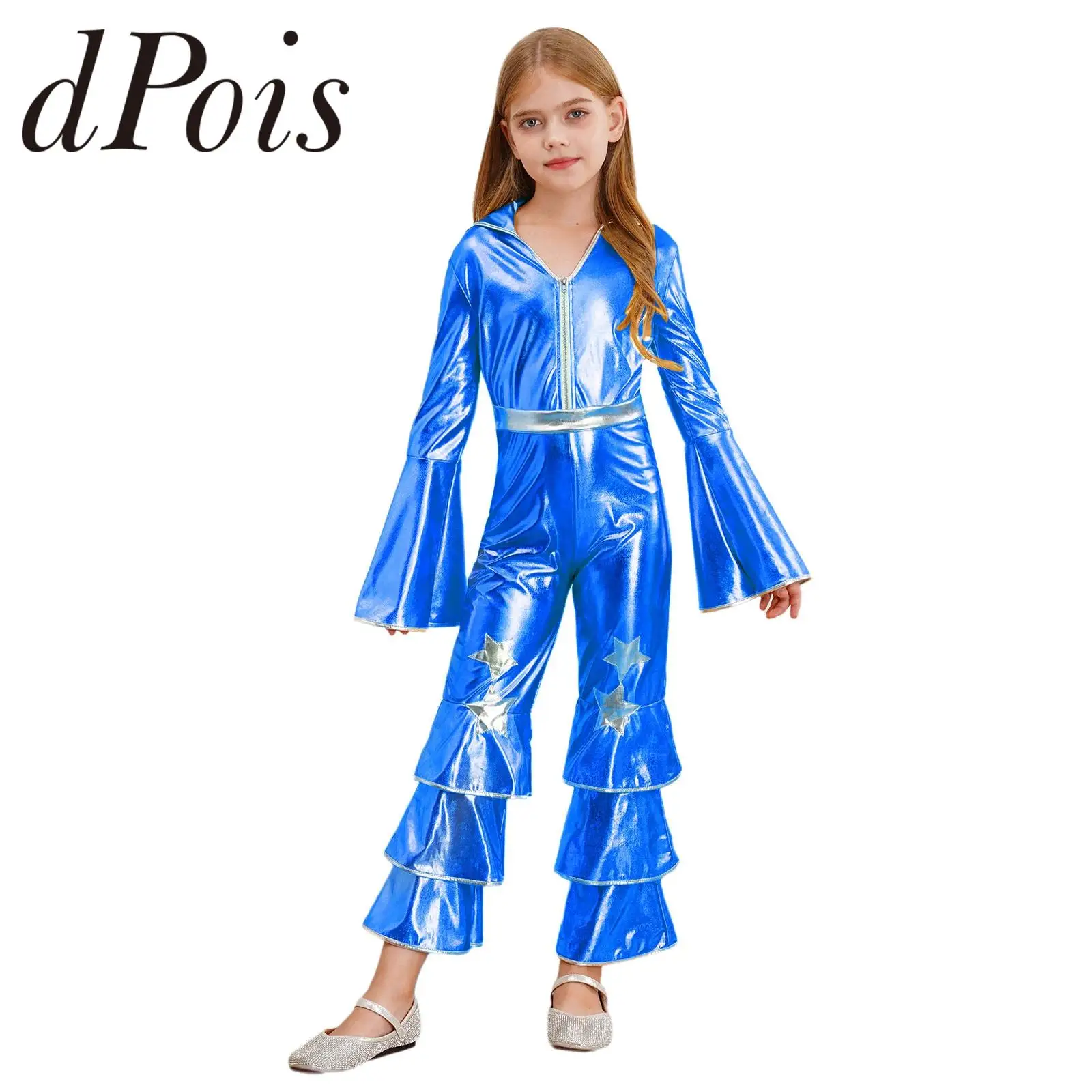 Children Carnival Bodysuit Girls Hippie Costume Vintage 60s 70s Disco Jumpsuit Stage Performance Shiny Singer Hippies Costumes