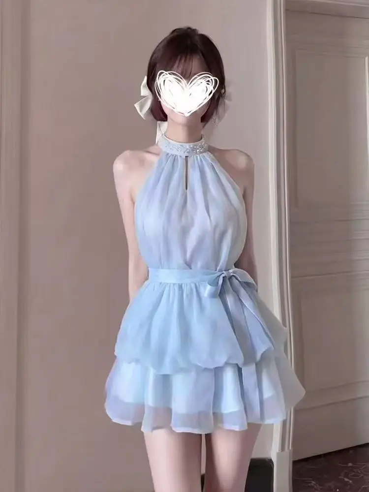 Sweet Princess Style Short Sleeveless Women's Dress Summer Glitter Diamond Waist Cinching Unique Beautiful Polyester A-Line S...