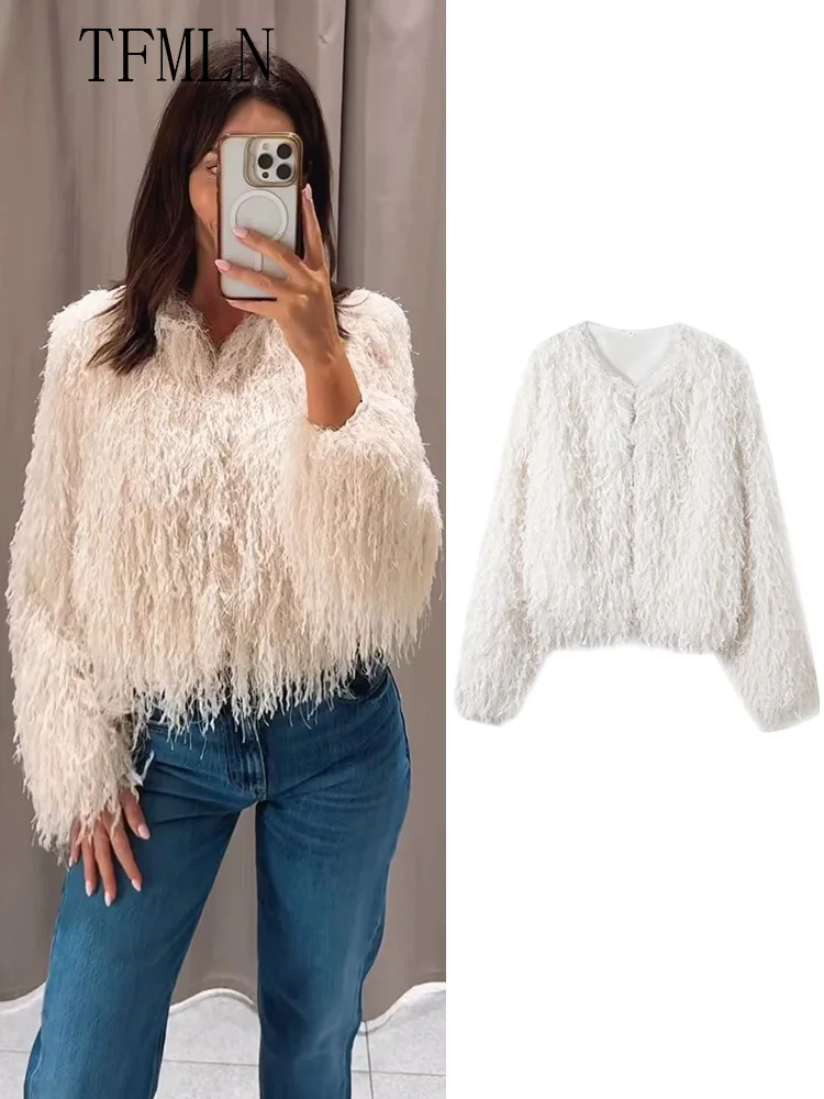 

TFMLN Fashion Women Faux Fur Coats Elegant Luxury Chic Evening Party Tops 2025 Autumn Long Sleeve O-neck Causal Ladies Jackets