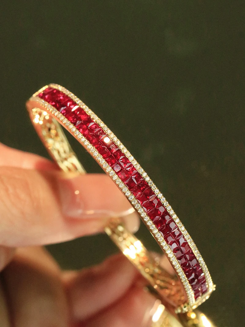 KUGG 100% 18K Yellow Gold Bangle Luxury Elegant Style Shiny Diamond Natural Ruby Bangle for Women Wedding High Party Jewelry