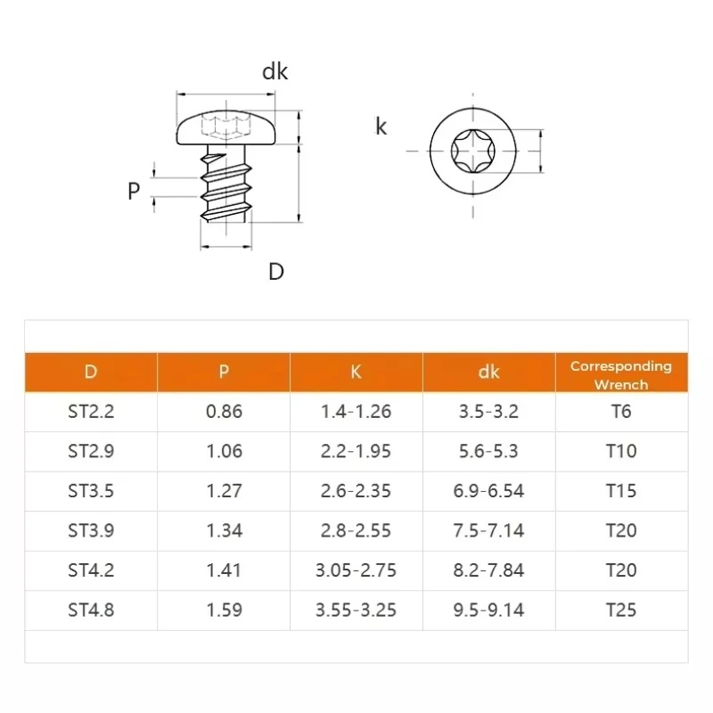 Torx Self Tapping Screw Round Head ST2.2-ST6.3 304 Stainless Steel orx Recess Six-Lobe Pan Head Flat Tail Self Tapping Screw