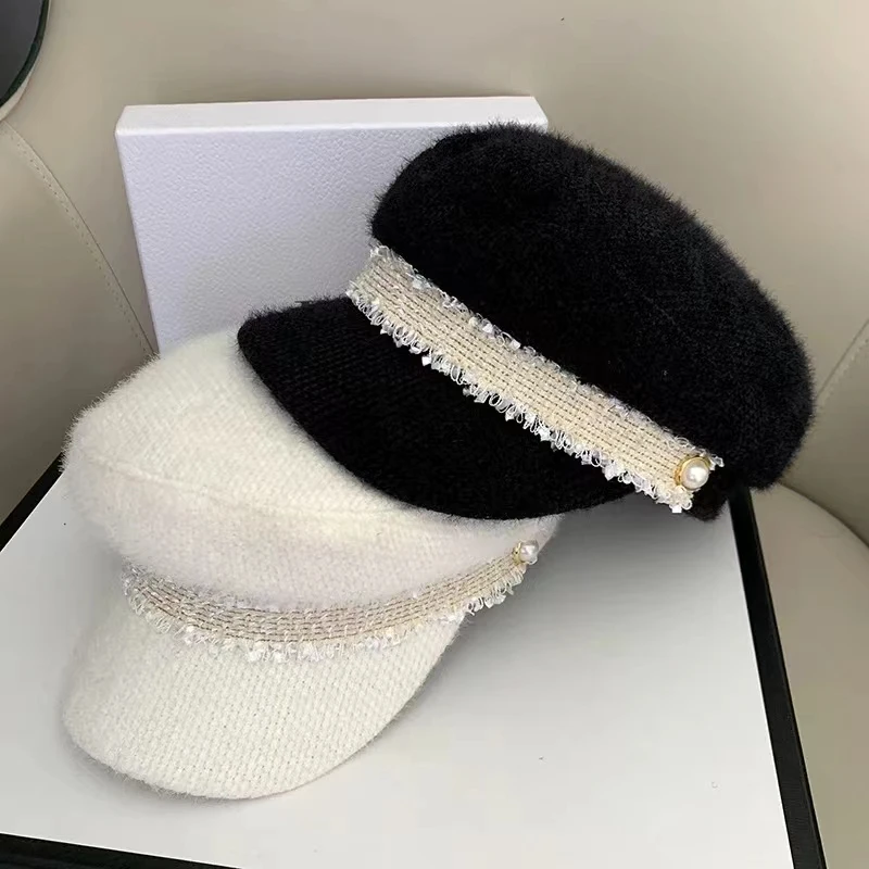 New autumn/winter 2024 plush flat navy hat fashion girl warm multi-functional pearl cap lace octagonal beret