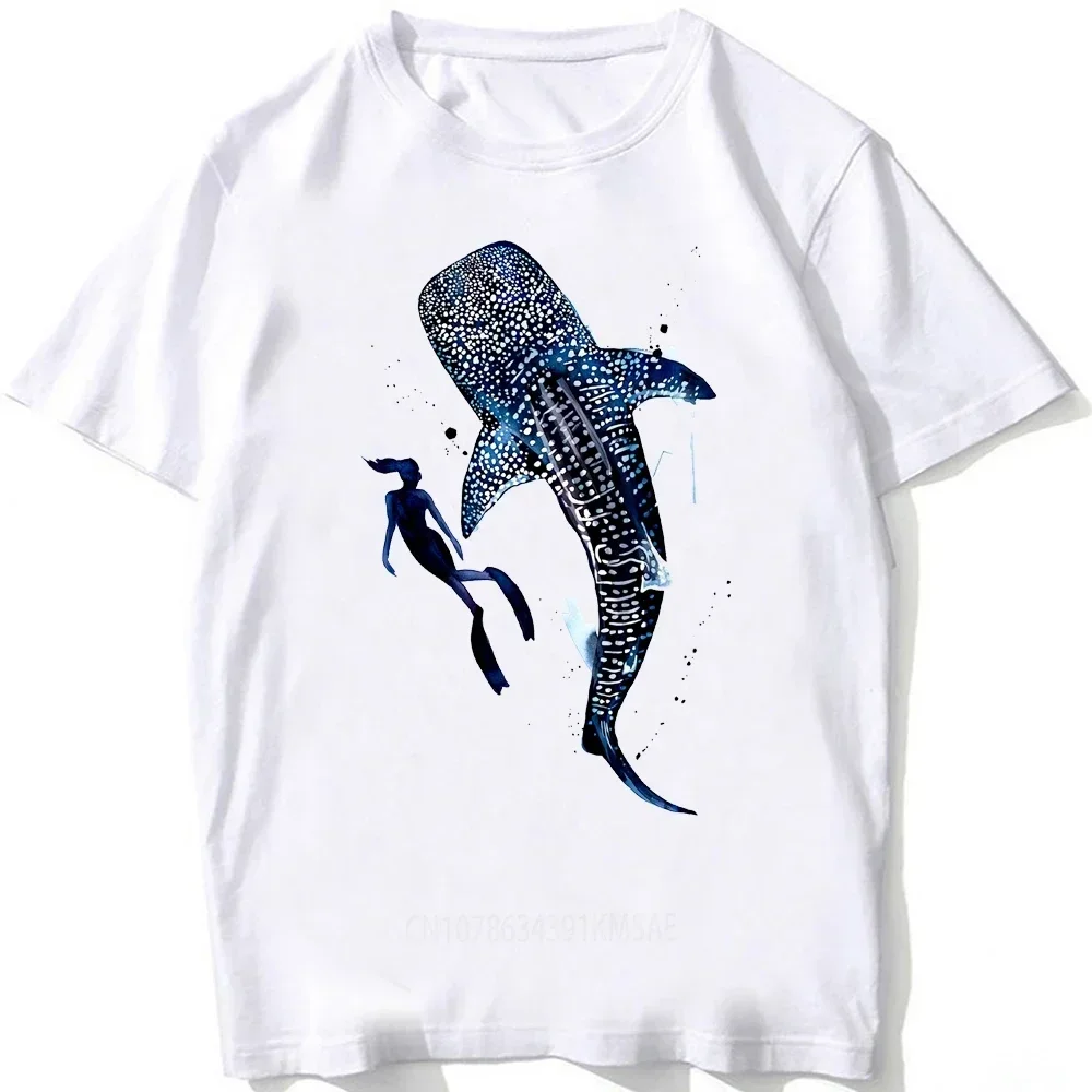 T-shirt unisexe grand requin blanc pour homme, art de la plongée vers les profondeurs de l'océan avec requin baleine, t-shirts h