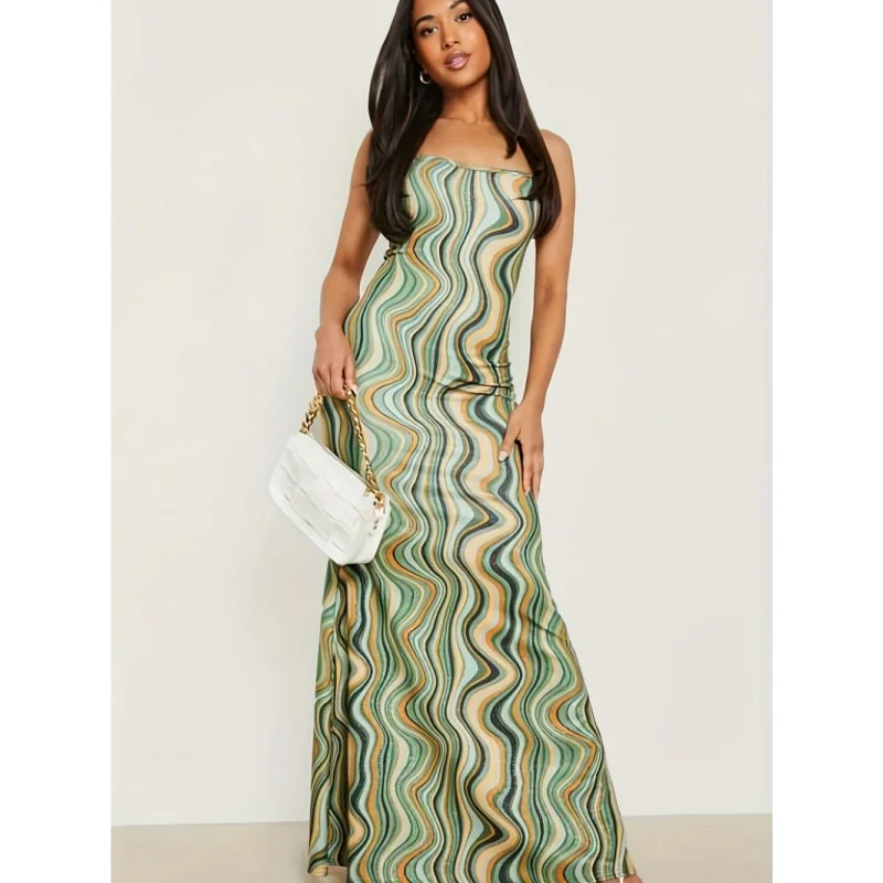 

Summer New Women's Fashion European and American Style Sexy Strapless Mesh Printed Slim Dress