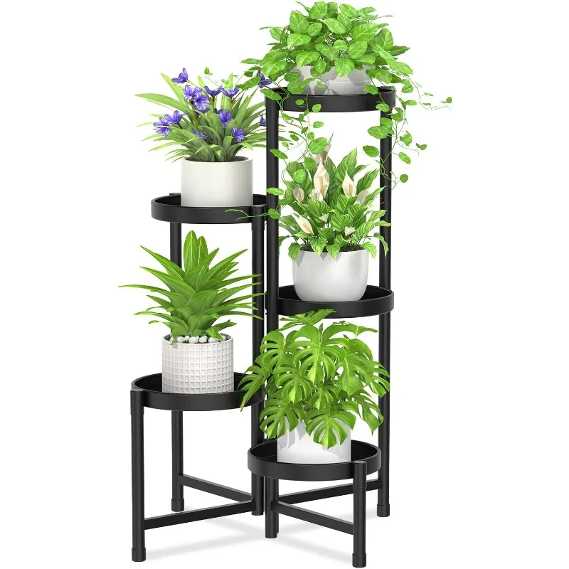 5 Tier Metal Plant Stand for Indoor Outdoor, Foldable Corner Tall Plant Shelf for Multiple Plants, Flower Pot Holder