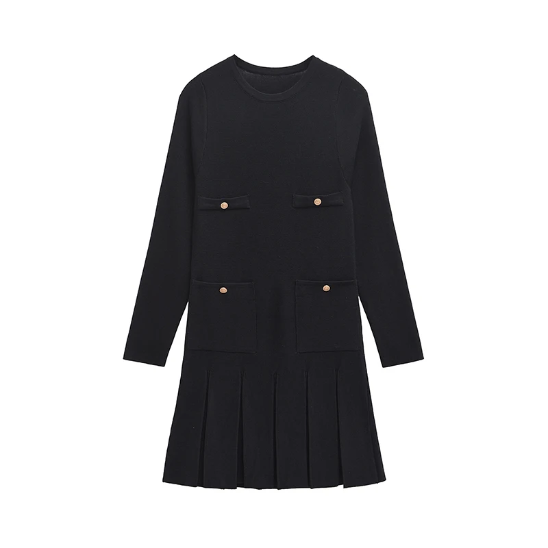 High Street Women Long Sleeve O Neck  Pleated Hem Short Knit Dress Front Patch Pockets With Button Autumn Black Dresses