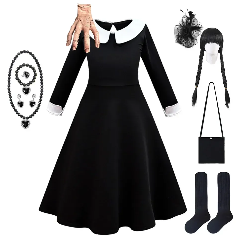 

Wednesday Addams Dress For Girl 2-12 Yrs Halloween Long Sleeve Princess Costume Spring Autumn Kids Daily Casual Outfits