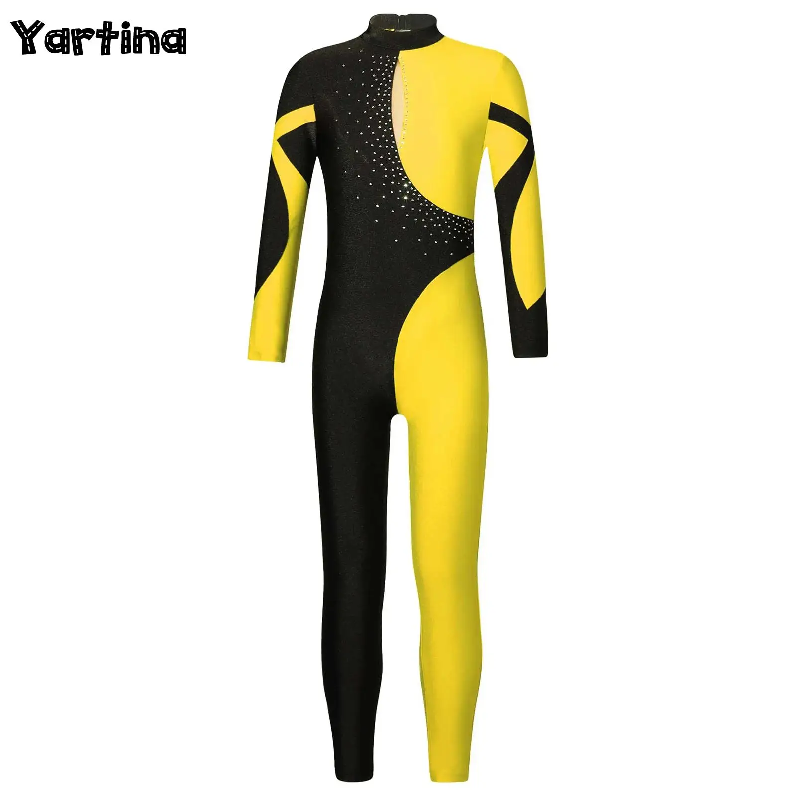 Girls Gymnastics Overalls Unitard Jumpsuit Ballet Tights Shiny Rhinestone Long Sleeve Bodysuits Ballet Dance Leotard Costumes