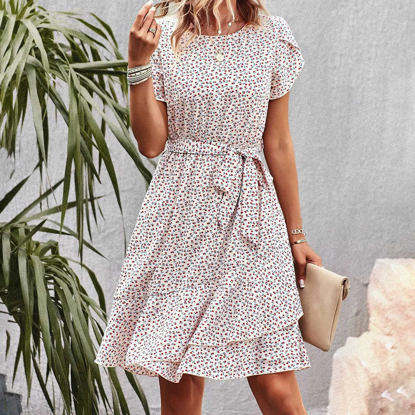 Women's Boho Dresses Casual Floral Print Ruched Short Sleeve Ruffle Hem A Line Swing Cami Dress Flowy Midi Party Dress With Belt