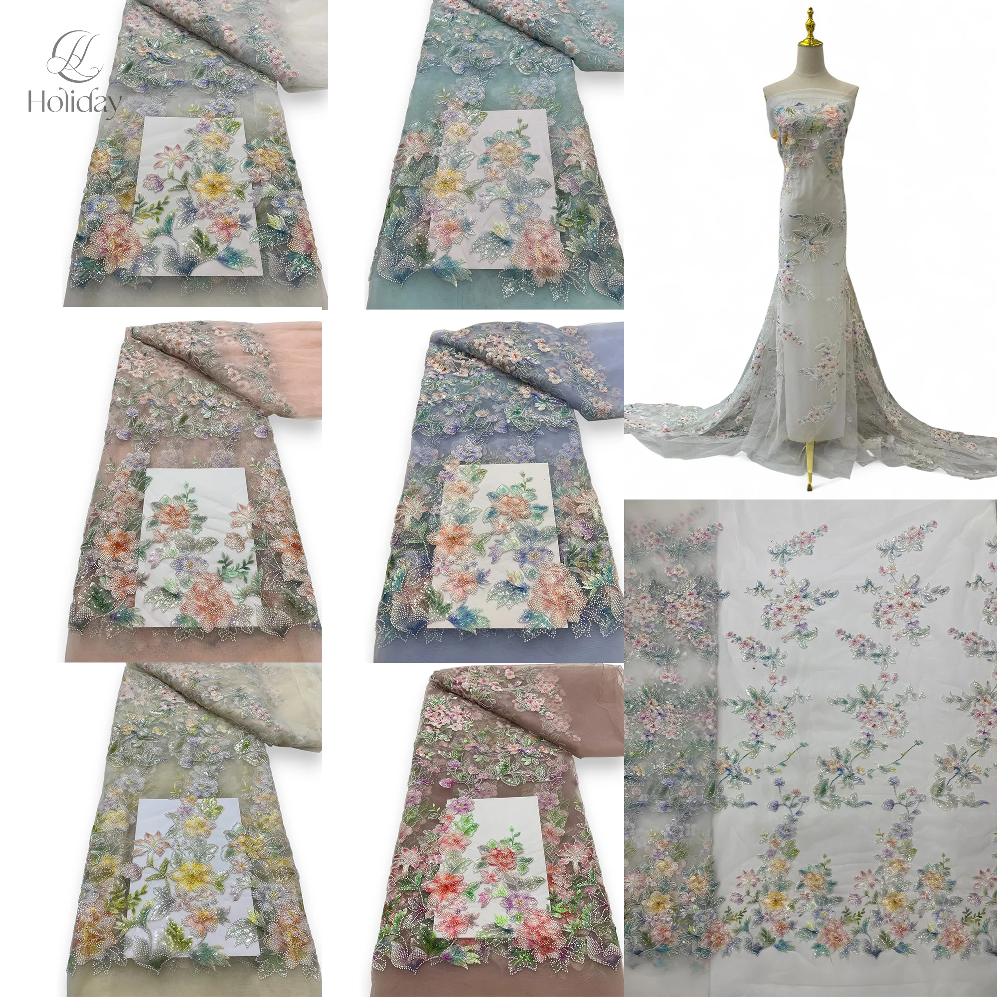 Factory Direct High-Quality Beaded Fabric with Sequins & Pearls - Wholesale Multi-Color Embroidered Material for Dress Making