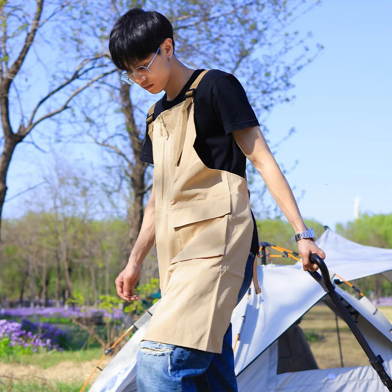 Zipper Outdoor Loose Work Apron Adjustable Shoulder Strap Multi-Pockets Unisex Workwear Suitable for Coffee Restaurant Grill