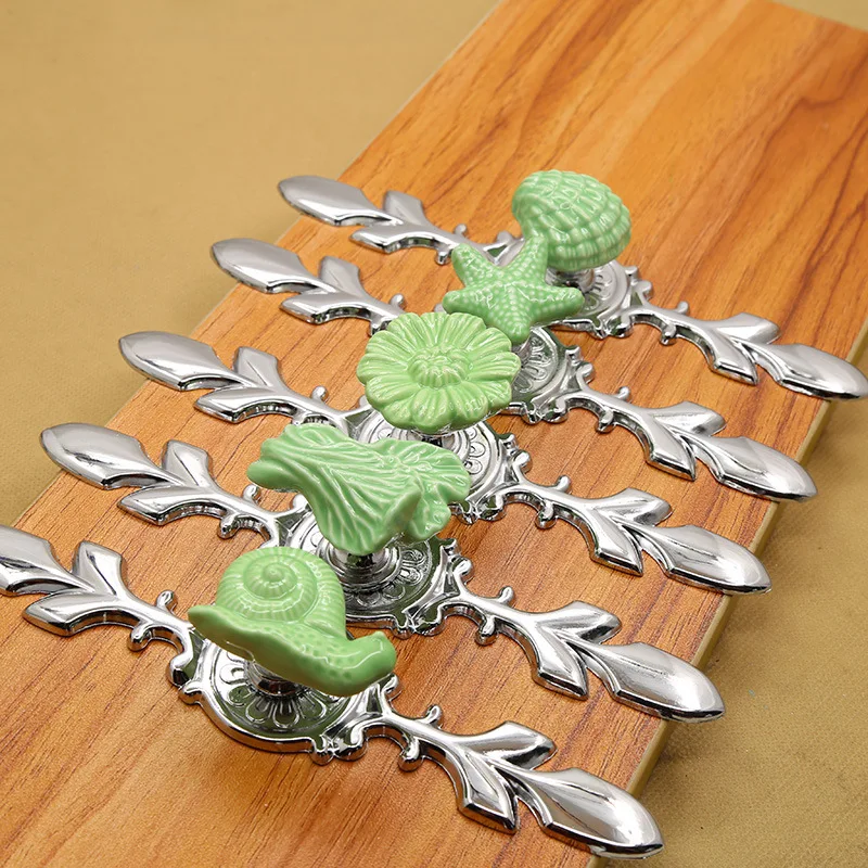 Farmhouse Nautical Cabinet Green Door Knobs Silver Metal Leaf Kitchen Pulls Ceramic Dresser Wardrobe Cupboard Furniture Handle