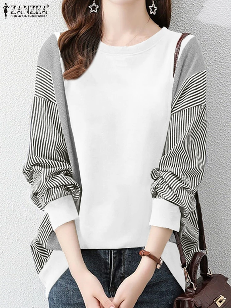 2024 ZANZEA Casual Loose Shirt Stylish Autumn Sweatshirts Women Long Sleeve Work Blouse Striped Patchwork Tops Female Pullovers