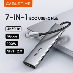 CABLETIME USB C 7 in 1 HUB HDMI 4K 30Hz USB 3.0 5Gbps SD/TF PD 100W Adapter Card for Laptop Macbook Lenovo DELL