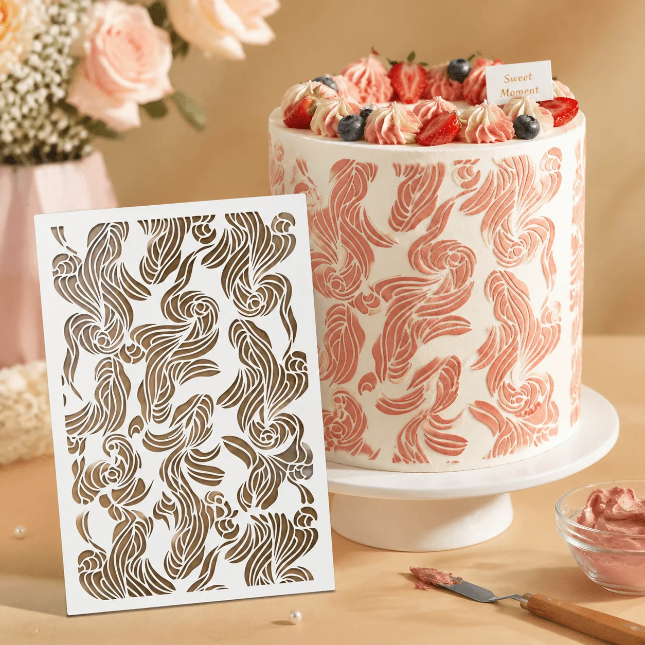 Vintage Swirl Cake Stencil, PET Reusable Wave Texture Template for Buttercream Cake DIY Baking Decor