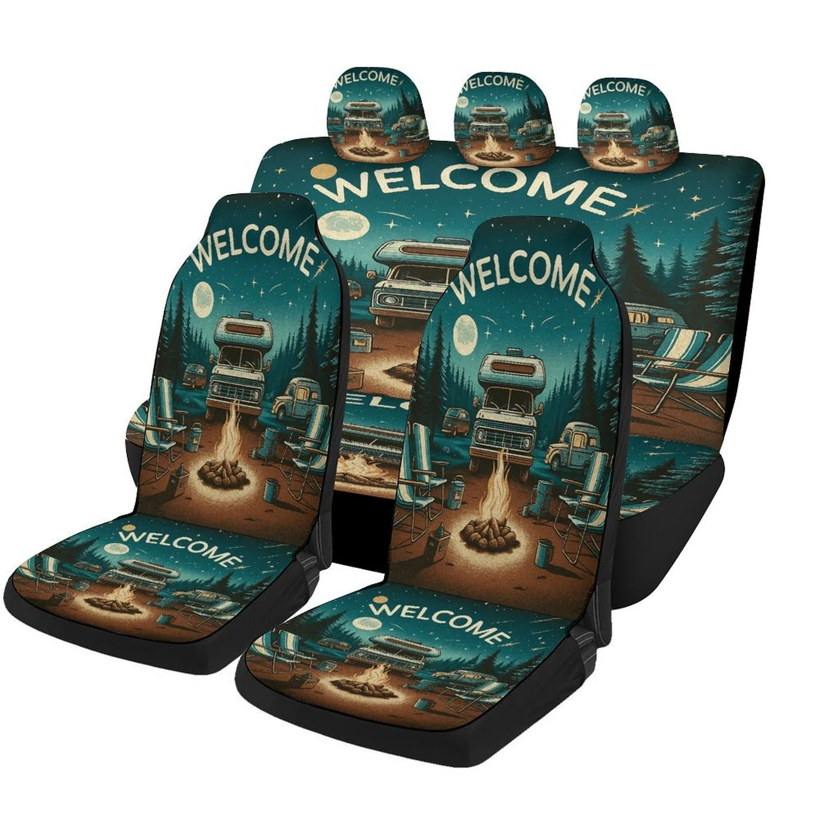 Campfire Night Welcome Themed Car Seat Cover Set For Most Cars, Decorative Trendy High-quality Car Seat Protector Covers Full Se
