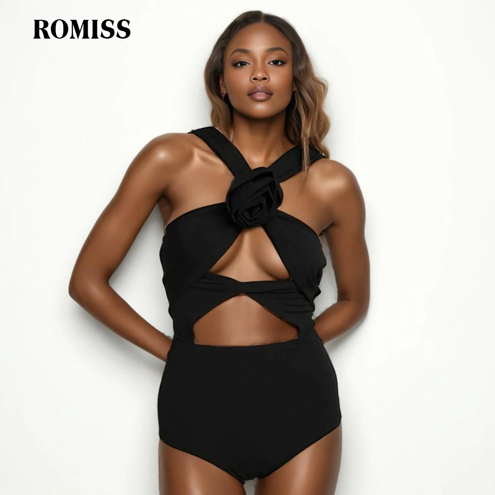 ROMISS Solid Crisscross Folds Bodysuits For Women Round Neck Sleeveless High Waist Spliced Appliques Hollow Out Bodysuit Female