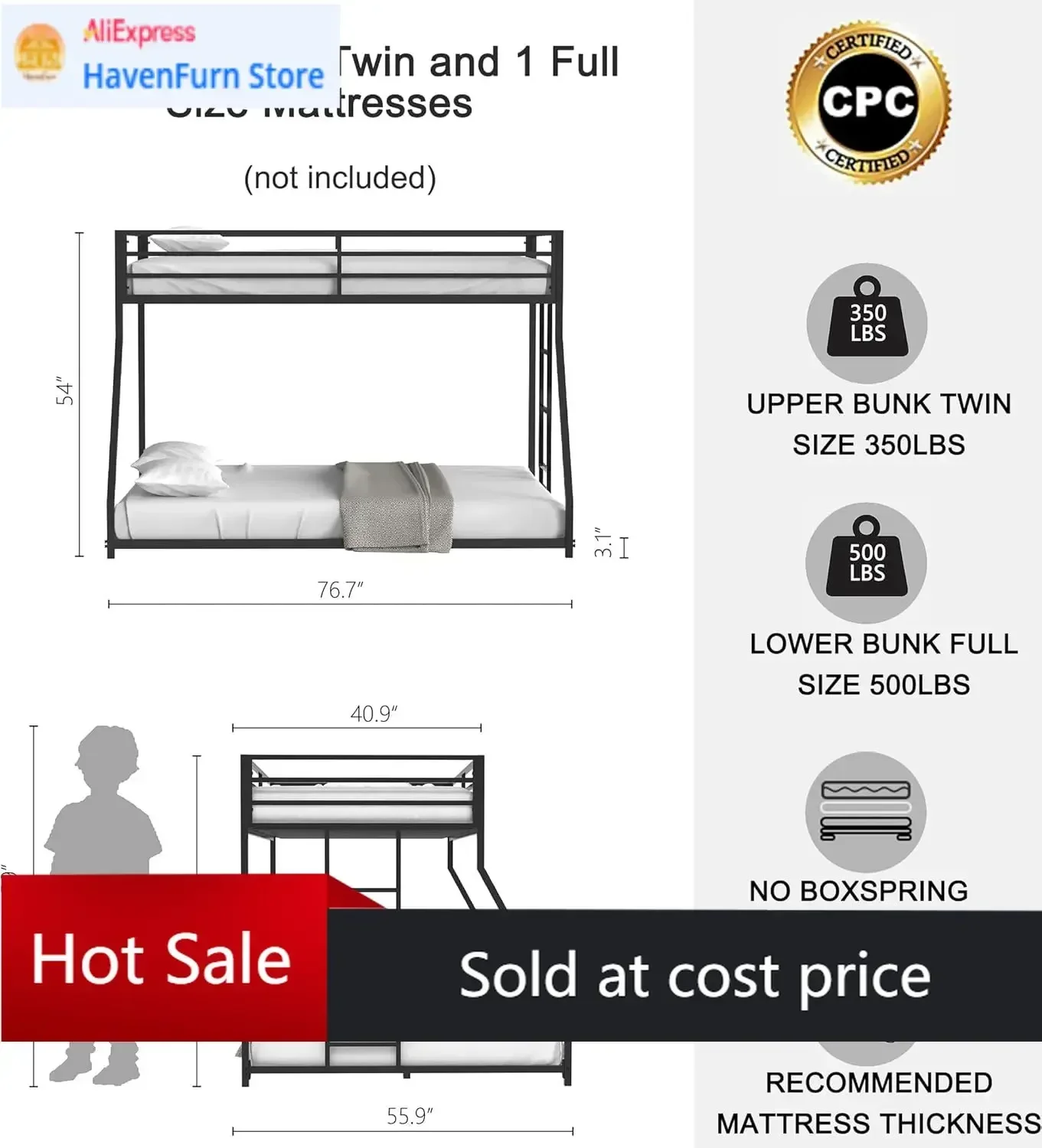 Activity priceTwin Over Full Metal Bunk Beds For Adults Teens With Stairs Ladder Guardrail Flat Rungs Dorm Bedroom Guest Room