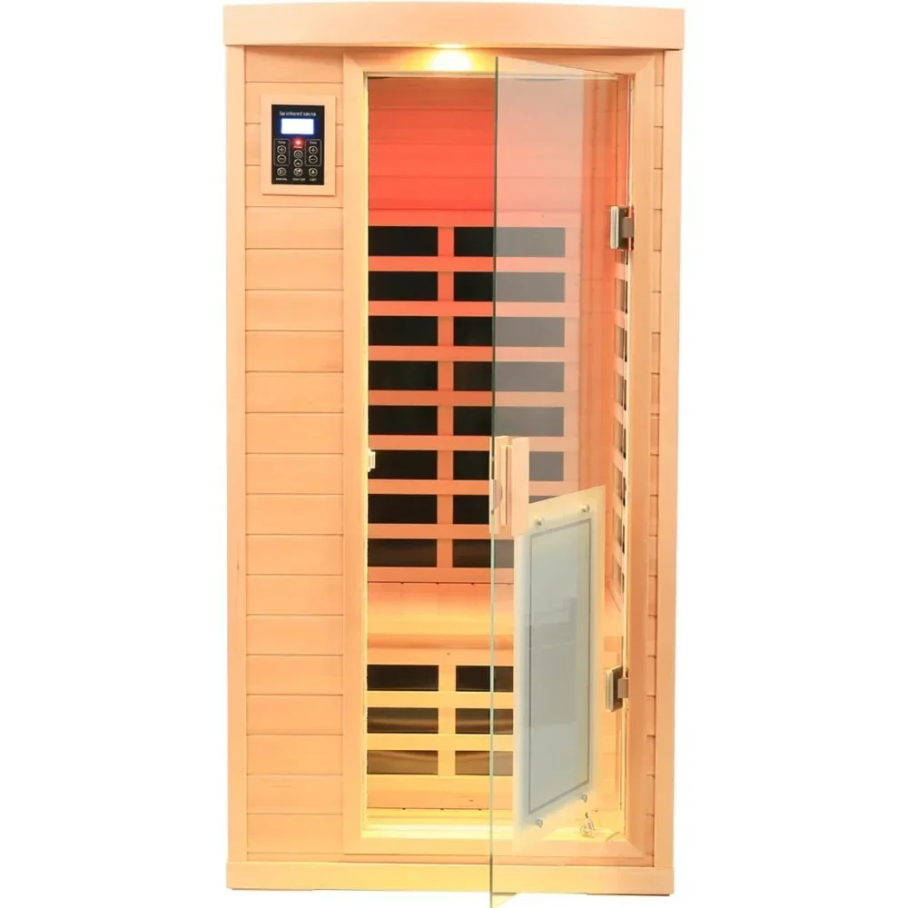 Sauna infrarroja baja EMF para 1 persona, saunas infrarrojos lejanos de madera Hemlock para el hogar, 1460W con altavoces Bluetooth, sala de sauna interior