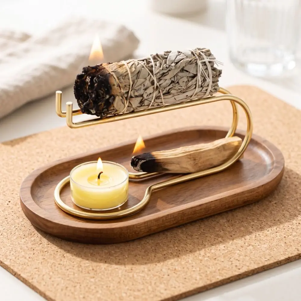 Creative Wooden Smudge Stick Burner Vintage Style Decorative Incense Burner Holder Iron Art Incense Stick Candlestick Meditation