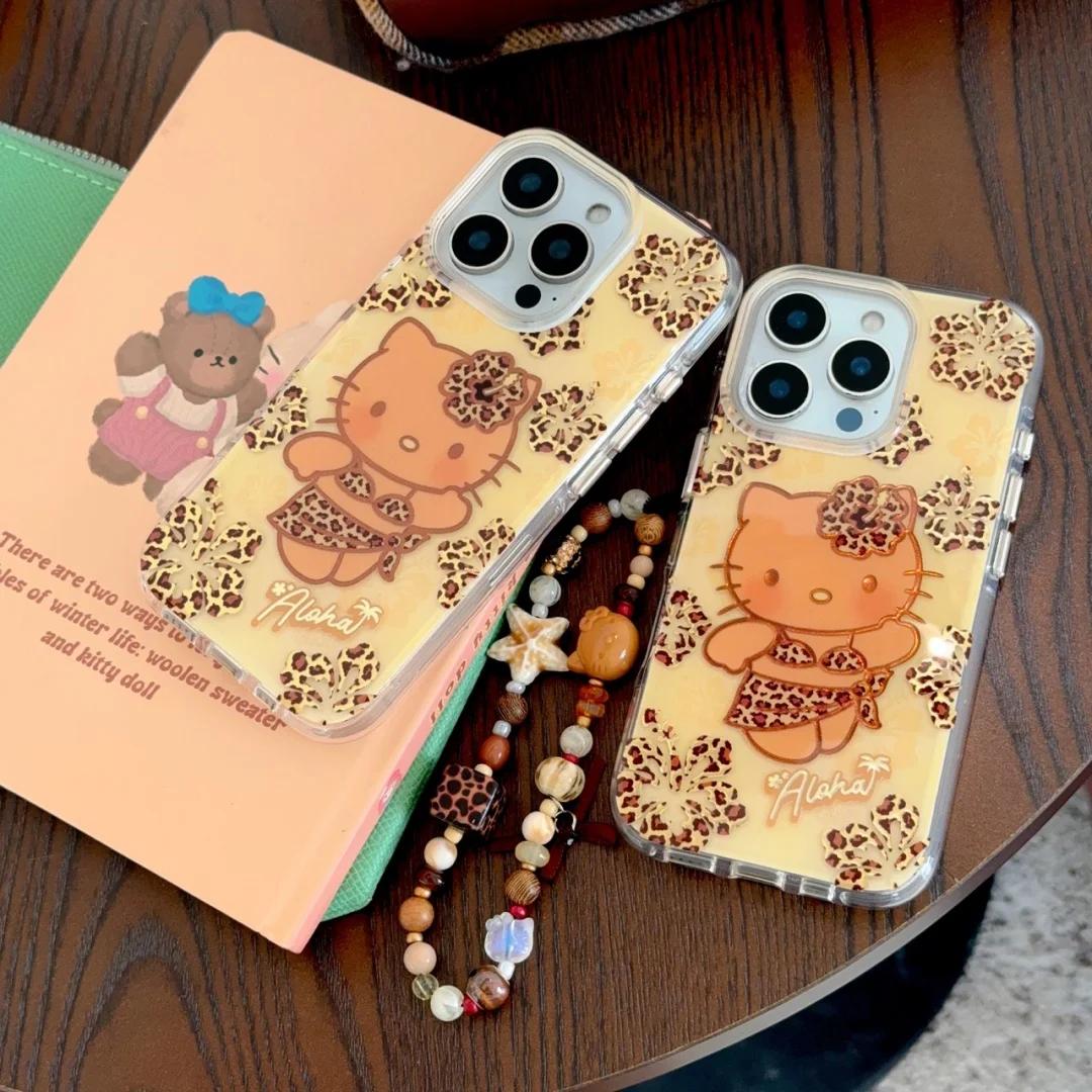 Vintage lindo leopardo Bikini Hello Kitty pulsera accesorio funda de teléfono para iPhone 16 E 15 14 13 Pro Max Y2K cubierta ﻿ ﻿