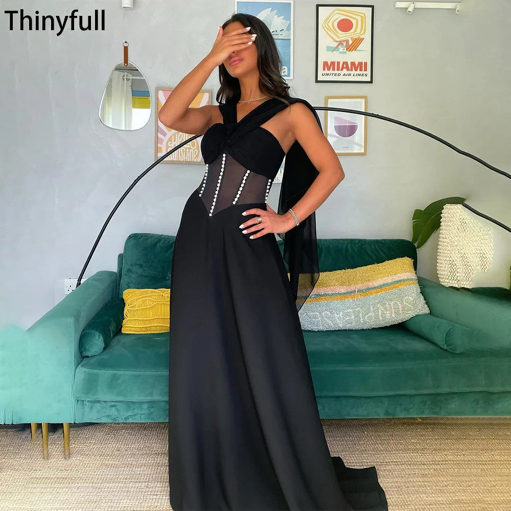 

Thinyfull Black A Line Evening Dresses Sweetheart Chiffon Cape Prom Gowns Formal Occasion Dress Dinner Party Dresses for Events