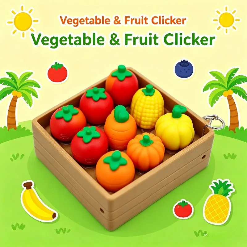 3D Printed Fruit Crate Fidget Toy Keychain Cute Pop Up Vegetable Fruit Press Box Anxiety Relief Sensory Toy for Adults