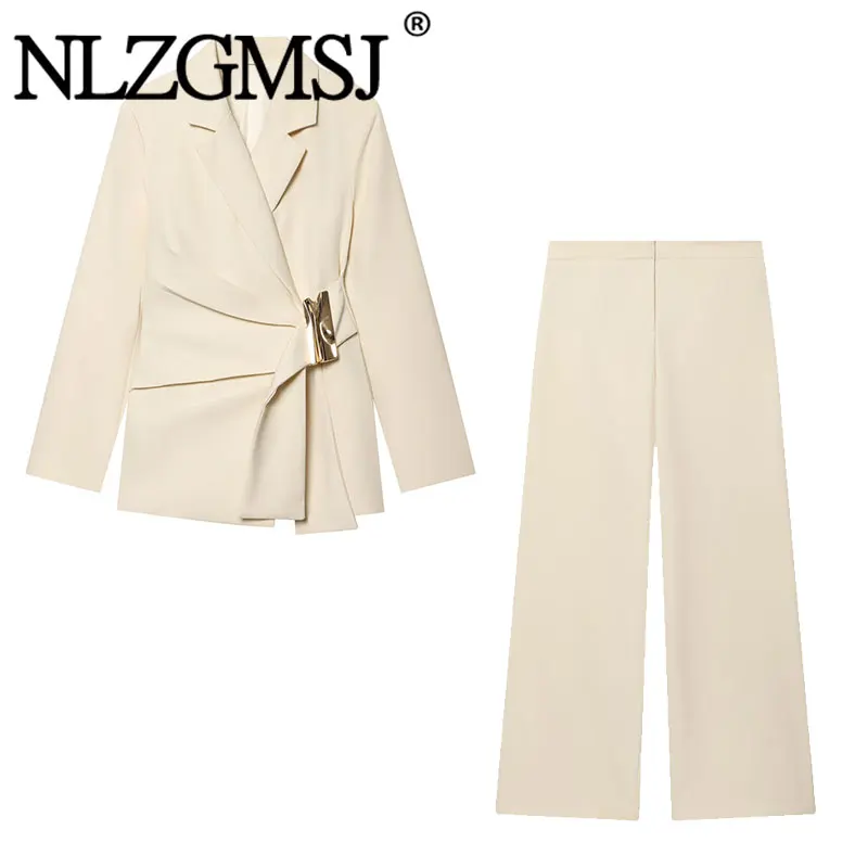 NLZGMSJ 2026 Spring Office Lady Chic Women Blazer Suit Solid Long Sleeve Blazer Long Zipper Pants Fashion Suit