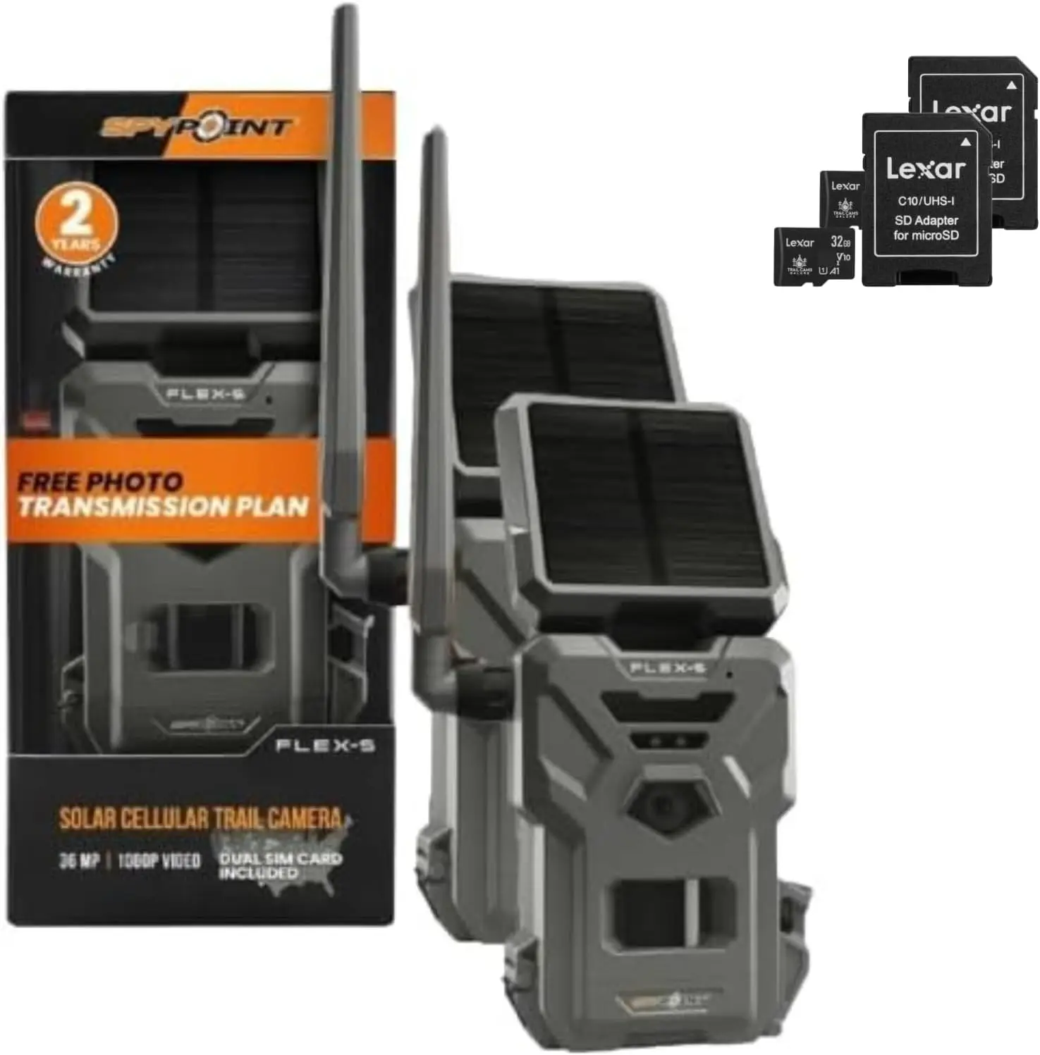 Flex-S Solar Cellular Trail Camera (2 PK) Integrated Solar Panel, LTE Connectivity, 100-foot Flash/Detection Range, Internal Bat