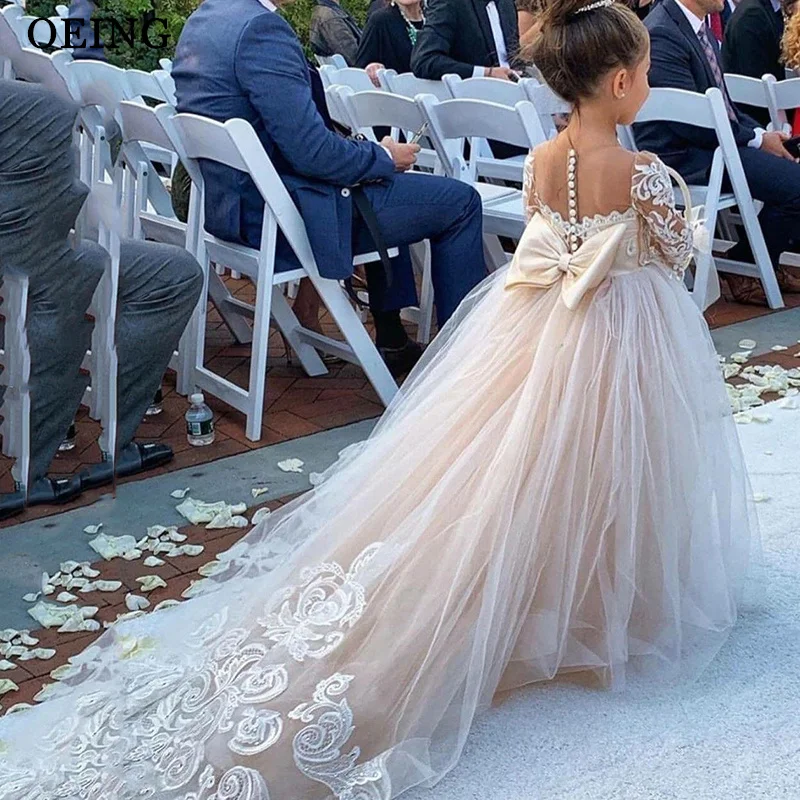 

OEING Luxury A-Line Flower Girl Dresses Ivory Appliques Bows Wedding Party Dress Princess Birthday Dress With Train Customized