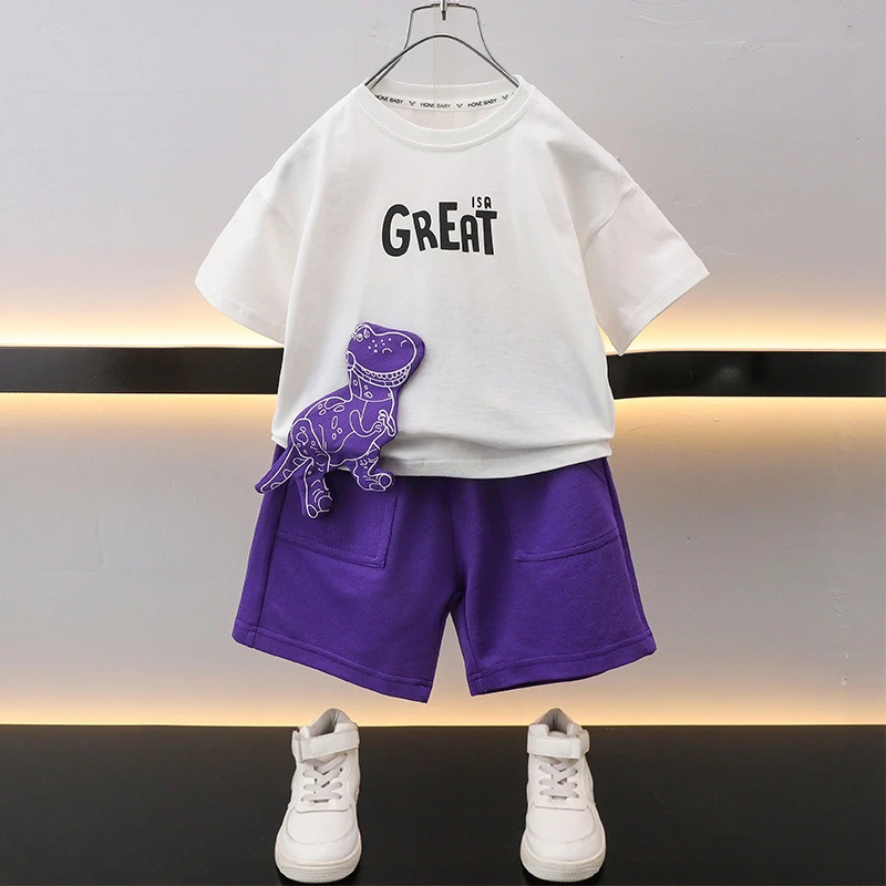 Summer Baby Girls Clothes Set Children Boy Cartoon Dinosaur Patchwork T-shirts And Shorts 2pcs Outfits Kid Top Bottom Suits